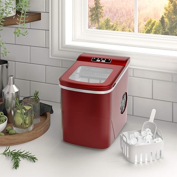 OKADA Countertop Portable Ice Maker Machine - 9 Ice Cubes Ready in 6 Mins - Makes 26 lbs Ice in 24 hrs - Electric Ice Making Machine with Removable Basket and Ice Scoop Red