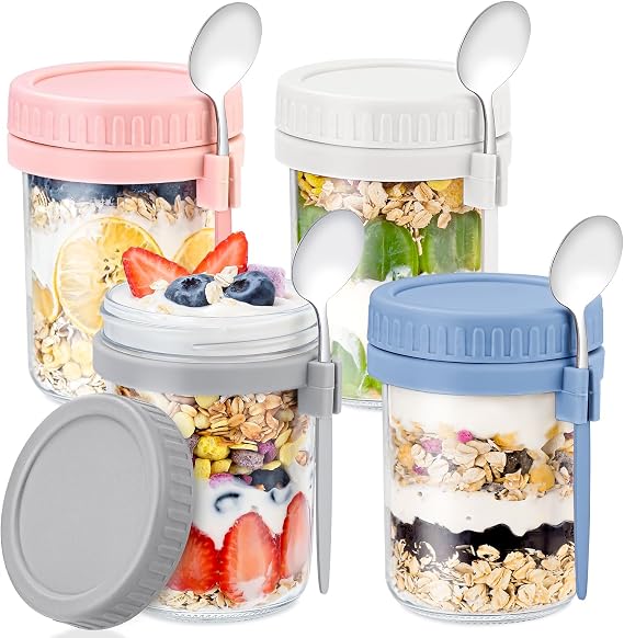 4 Pack Overnight Oats Containers with Lids and Spoons - DRKIO 16 Oz Glass Mason Jars for Overnight Oats Leak Proof Oatmeal Container Great for Cereal Fruit Vegetable Milk Salad Yogurt Meal Prep