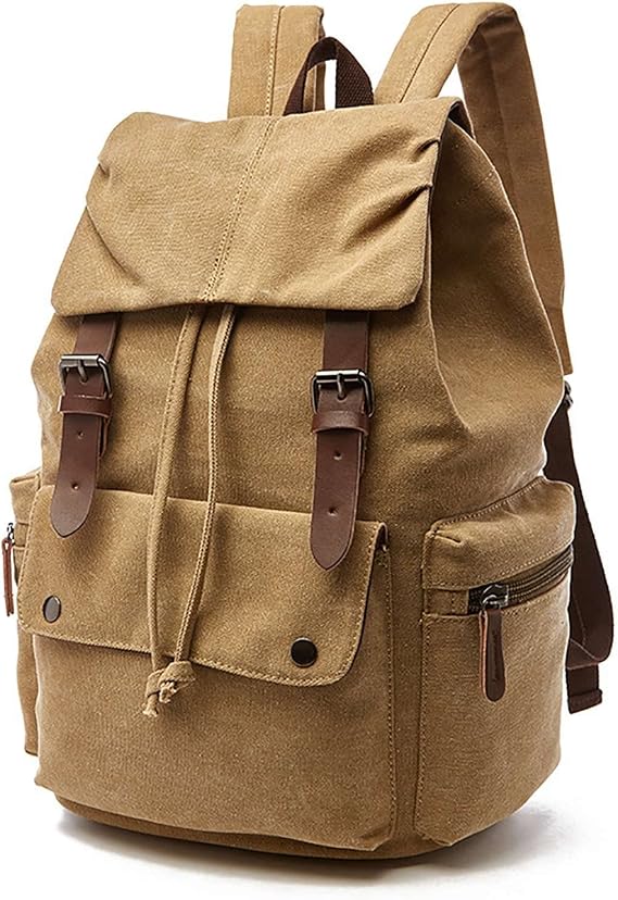 Canvas Backpack Rucksack Casual Daypack Schoolbag College for Men Women Outdoor Cycling Hiking Travel Laptop Khaki Black