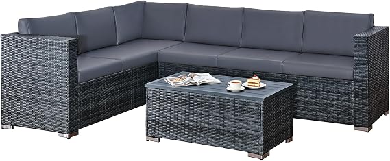 rattanstar 6 Seater Rattan Garden Furniture Sets, Outdoor L-Shaped Patio Furniture Set with Garden Sofa and Glass Table (Mixed Charcoal Wicker + Charcoal Cushion (6 Seater))