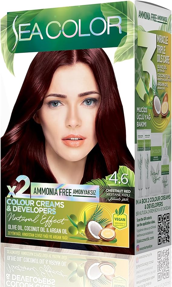SEA COLOR Non-Ammonia, Vegan, Natural, Nourishing Permanent Hair Dye 100% White Closure (1 PACK 2 x 50 ml Dye & OXIDANT) (Chestnut Red 4.6)