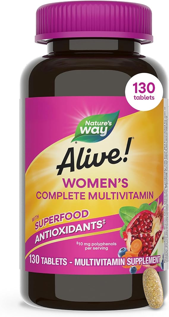 Nature's Way Alive! Complete Multivitamin for Women, Daily Vitamin, 130 ct | Womens Vitamin Tablets Supports Cellular Energy Metabolism, Hair, Skin & Nails*, B-Vitamins, with Superfood Antioxidants