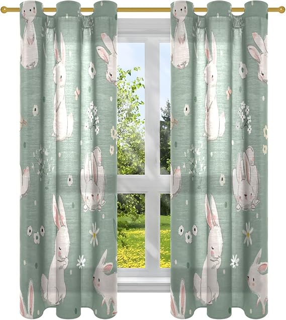Cute Hare with Wild Flowers Curtains for Living Room Living Room Curtains 60 Inch Length Wardrobe Curtains 2 Panels Set