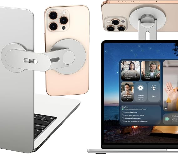 アラフライ 磁気ノートパソコン携帯電話ホルダー MagSafe iPhone/Samsung対応 110°折りたたみ式 180°調節可能なサイドフォンマウント コンピューター/テスラ/モニター/すべての携帯電話用 シルバー