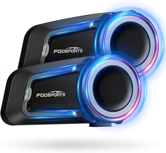 Fodsports FX7 10-Rider Mesh Motorcycle Bluetooth Intercom with Music Share, Smart APP, Dual Chips BT5.4 Helmet Communication System Headset, Auto Call/Audio Multitasking/FM/EQ Modes, IP67, 2 Pack