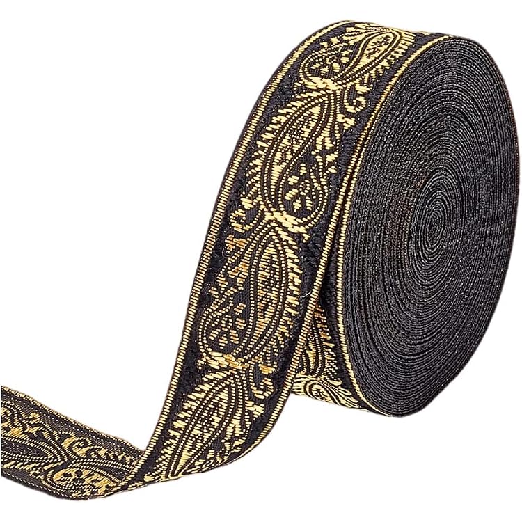 FINGERINSPIRE 11 Yard Black Vintage Jacquard Ribbon Ethnic Style Floral Woven Trim 1 inch Jacquard Gold Vine on Ribbon Trim for DIY Sewing Crafting Home Decor, Gift Wrapping hat Bands