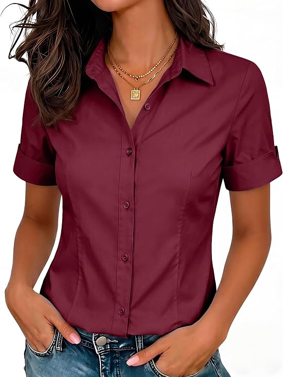 siliteelon Short Sleeve Button Dress Shirts for Women Cotton Button Down Shirts for Women Slim Fit Blouse Top 3/4 Sleeve