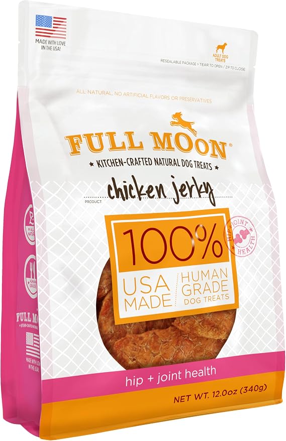 Full Moon Chicken Jerky Hip And Joint Dog Treats 12 oz | Made withchondroitin, glucosamine and turmeric, Human Grade, No corn, No wheat, No soy, Glycerin Free, Made in the USA