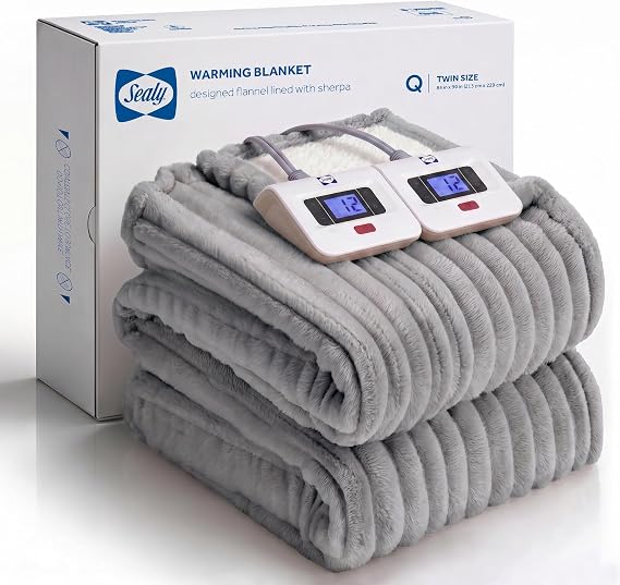 SEALY Electric Blanket Queen Size, Soft Ribbed Flannel to Sherpa Reversible Heated Blanket with Dual Control 10 Heat Settings & 1 to 12 Hours Auto-Off 84"x90" Machine Washable, Light Grey