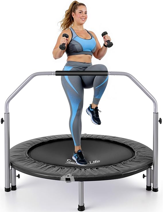 SereneLife 40" Foldable Mini Trampoline for Adults - Compact Fitness Rebounder with Adjustable Foam Handle, Exercise Trampoline with Max Load 330lbs, Indoor/Garden Whole-Body Workout