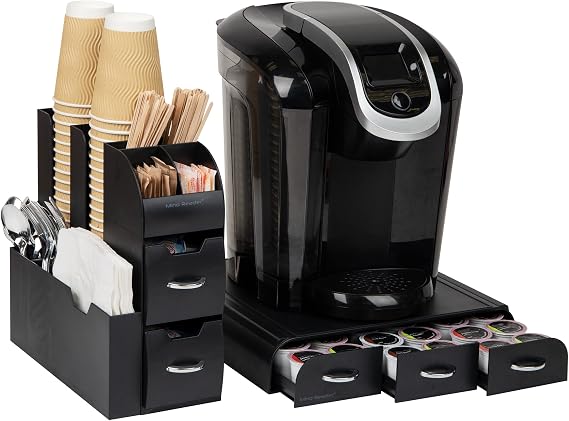Mind Reader Anchor Collection, 3-Drawer Single Serve Pod Organizer, 36 Pod Capacity, 13.5" L x 12.25" W x 2.5" H and 10-Compartment Cup and Condiment Set, 5.35" L x 11.25" W x 11.15" H, Black