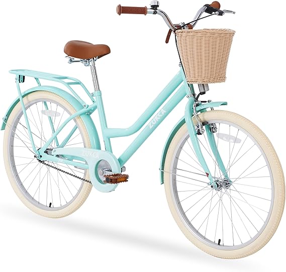 ZUKKA 24 Inch Girls Bike Single Speed Cruiser Bike with Woven Basket Front V Brake and Rear Coaster Brake for Over 10 Years Olds,Multiple Colors