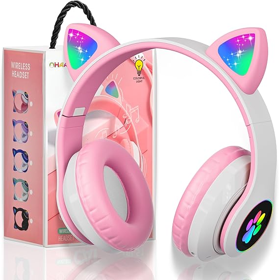 Bluetooth Noise Cancelling Headphones for Kids,Foldable Cat Headphone with LED Light Up Ear,Cat Ear Headphones for Toddler with Microphone/TF Card,Kids Bluetooth Earphones for ipad | Noise cancelling, TF card playback, volume-limited for safe hearing, soft ear pads, great for iPad, school & travel