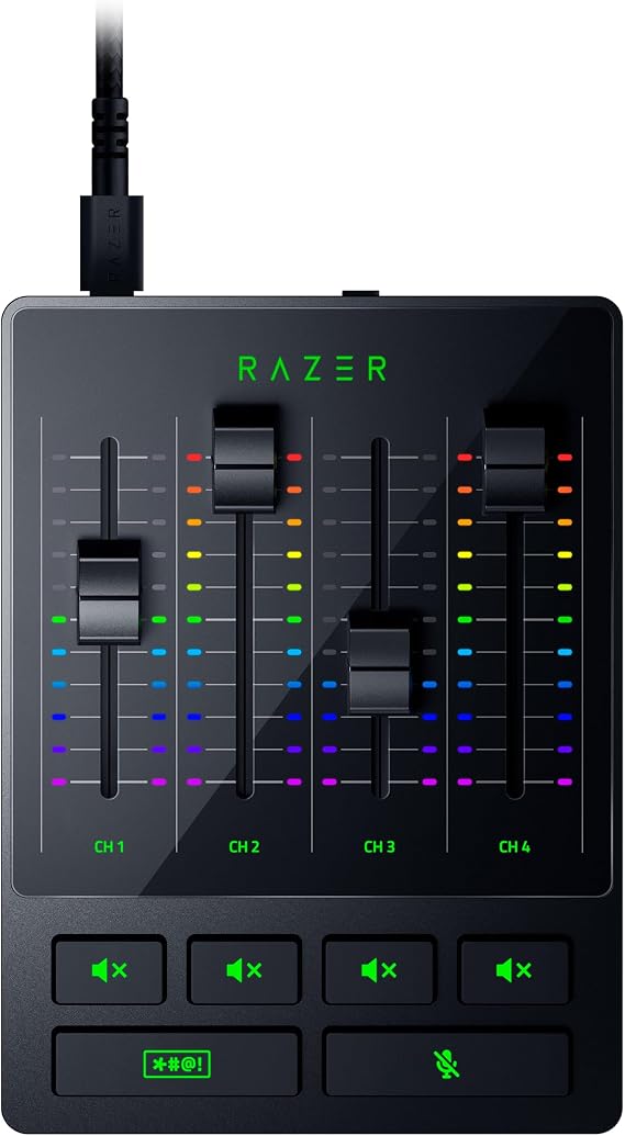 Razer Audio Mixer - XLR, 3,5 mm ve optik girişe sahip USB ses arabirimi - Sessiz düğmeli 4 kanallı arabirim - Tak ve çalıştır | Siyah