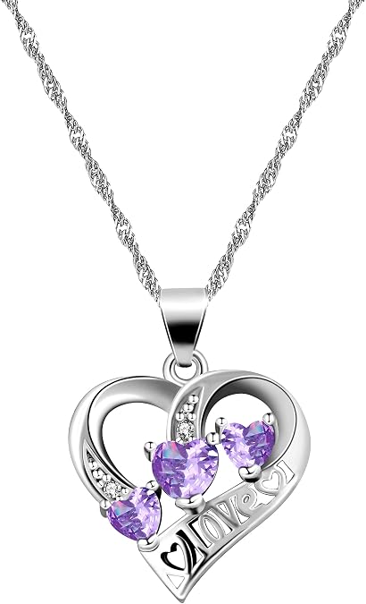Uloveido 3 Hearts Infinity Necklace - Crystal Love Heart Pendant Necklace Silver Tone Cubic Zirconia Birthstone Jewelry Gifts for Women Y894-Purple