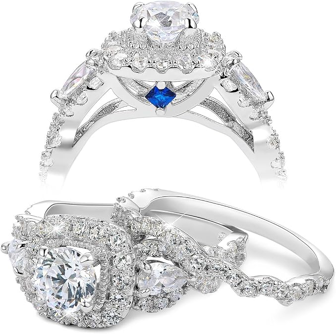 Newshe Jewellery Cubic Zirconia Engagement Wedding Ring Set For Women Blue Sahhpire Bridal Round Pear White Size