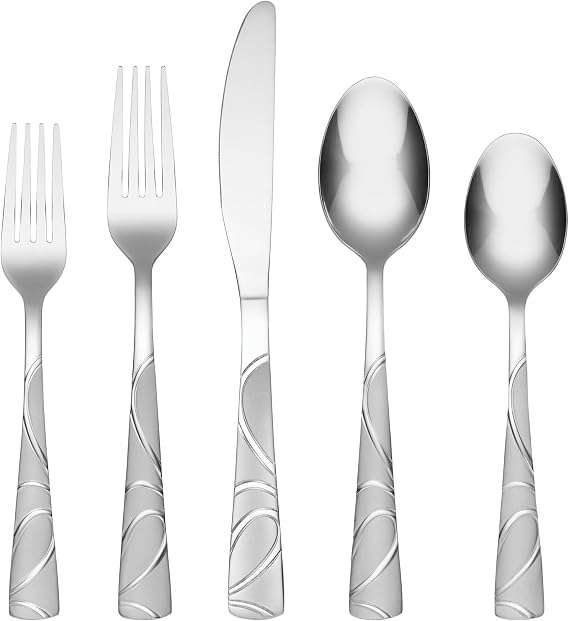 Cambridge Silverware Set, Sasha Sand 20-Piece Flatware Set, Service For 4, 18/0 Stainless Steel, Dishwasher Safe, Flatware Cutlery Sets, Utensils, Knives Spoons and Forks, Kitchen (Silver, 20 Pieces)