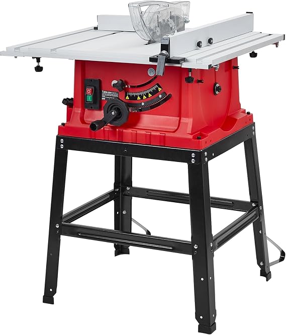 Table Saw, 10 in 15A Multifunctional Saw with Stand & Push Stick for Jobside, 90 Cross Cut & 0-45 Bevel Cut, Cutting Speed Up to 5000RPM, Adjustable Blade Height, Ideal for Woodworking