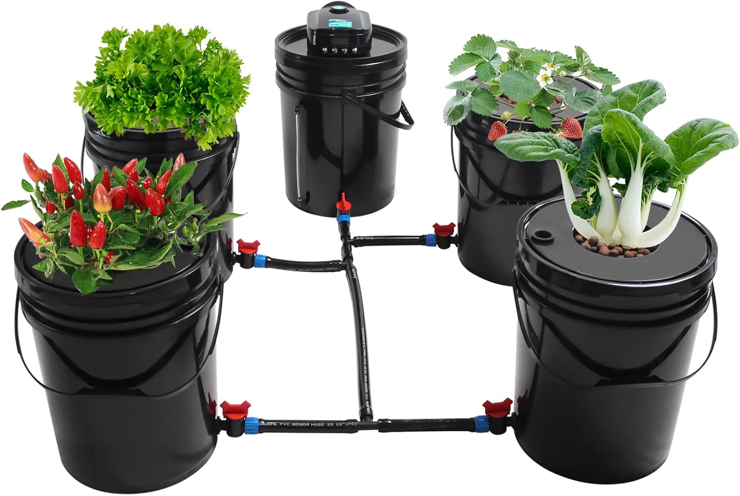 DWC Hydroponic System Kit, 5 Gallon Deep Water Culture Growing Kit with 5 Planting Buckets & 5 Covers & 12W Air Pump for Indoor Outdoor Garden Greenhouse Balcony
