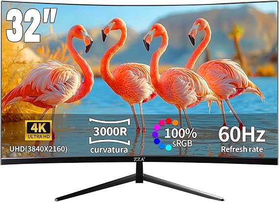 ZZA 32 Inch 4K UHD Curved Monitor (3840x2160), VA,60Hz Refresh Rate, 100% sRGB, Adaptive Sync, 178 Viewing Angle, HDMI/DisplayPort, VESA 100x100mm Mount Compatible, Tilt Adjustable - Black