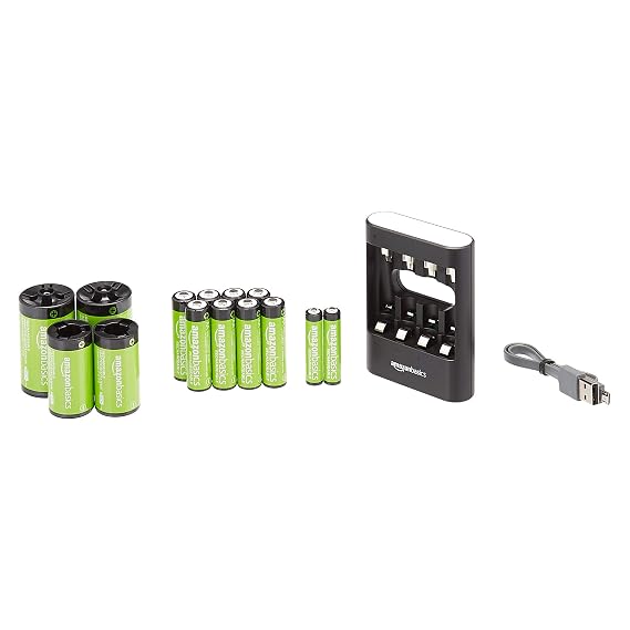 Amazon Basics USB Battery Charger Pack with AA (8-Pack), AAA (2-Pack) Rechargeable Batteries, C and D Converters Black