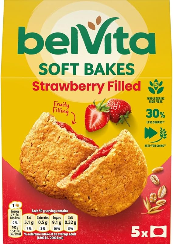 Belvita Breakfast Biscuits Soft Bakes Filled With Strawberry, Delicious Strawberry Filled Biscuits, 5 x 50 g Biscuits (Pack of 1) | Soft & Chewy Biscuits, Delicious Strawberry Filling, Vegetarian Snack for On-The-Go Energy