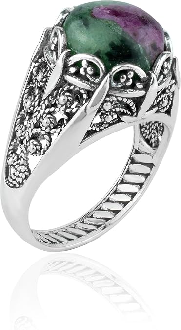 Filigranist 925 Sterling Silver Filigree Art Women Mini Dome Cocktail Ring with Gemstone, Gift Boxed
