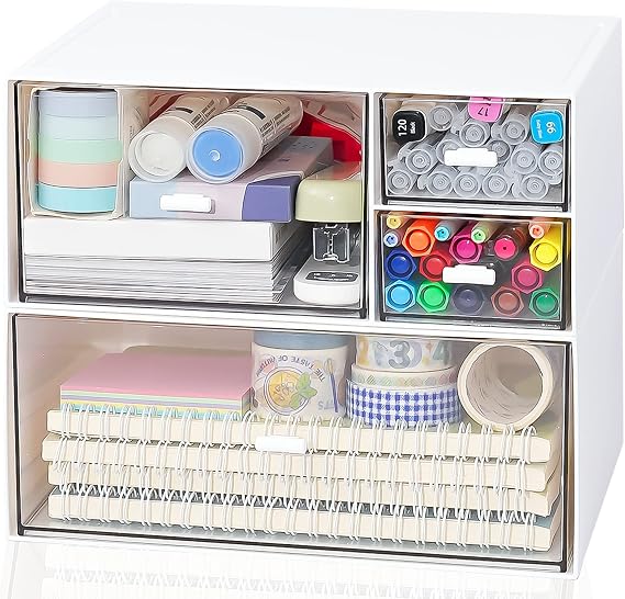 Desk Drawer Organizer, Makeup Organizer Storage Box with 4 Stackable Plastic Drawers, Desk Organizer for Home Collection Cosmetics Office Bathroom Counter Dresser (A)
