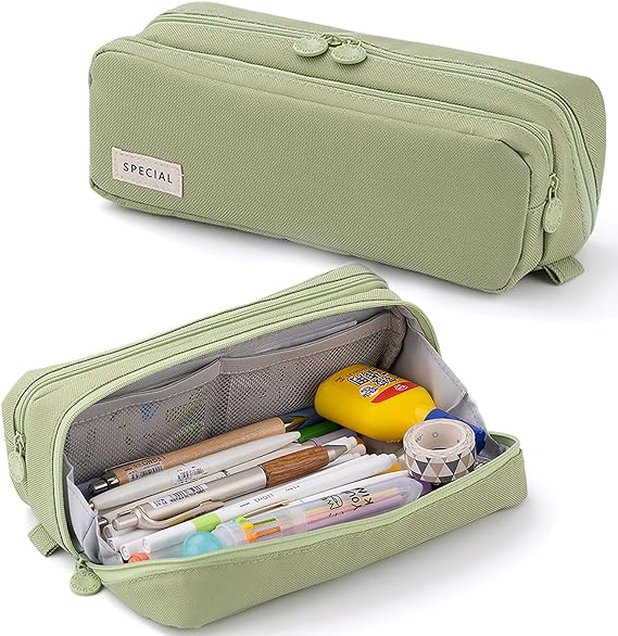 Pencil Case Large Capacity Pencil Pouch Pen Bag with Extendable Big Compartment, Double Zipper Pencil Pouch School Office Stationery Organizer Bag for Girls Boys Teen Adults Men Women (Green)