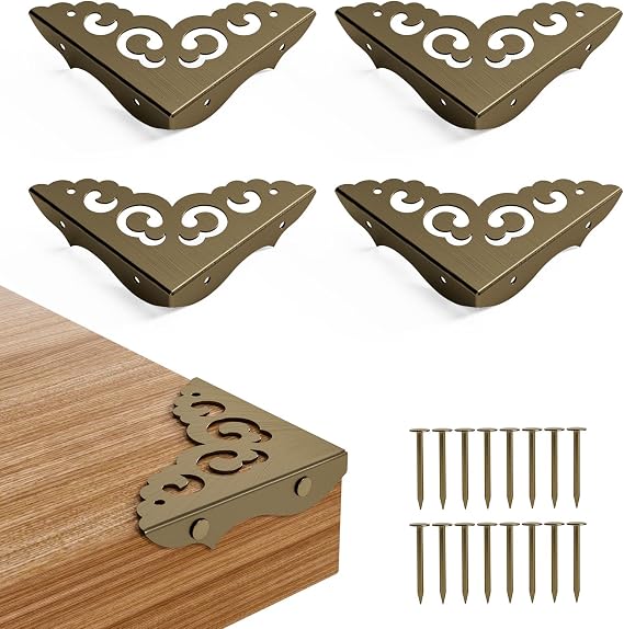 4 Pcs Brass Corner Protectors for Furniture,Retro Style Guard Cabinet Furniture Corner Bumpers for Jewelry Box Gift Box Wooden Case Cabinet Furniture Decorative (Bronze)
