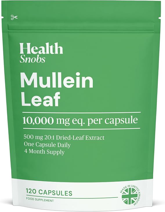 Mullein Leaf Extract for Lungs 10,000mg per Capsule | 120 Vegan Capsules | 4-Month Supply | Made in The UK | No Artificial Additives | High Strength | Health Snobs
