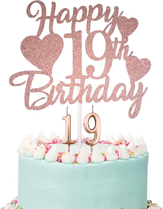 Fuotop Rose Gold 19th Birthday Cake Topper with Number 19 Candles for Girl's 19th Birthday Party Decorations