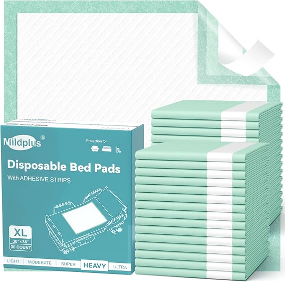 MILDPLUS Disposable Bed Pads with Adhesive Strip 30" x 36" (10 Counts) | Ultra Thick Leakproof Extra Pee Pads | Super Absorbent Incontinence Underpads | Extra Large Chucks for Adult, Elderly, Pets