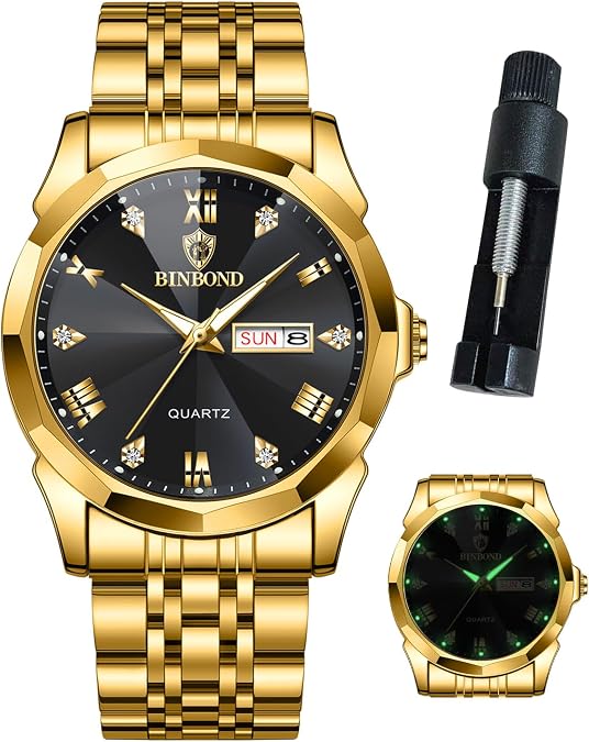 BINBOND Watches for Men Luxury Diamond Business Dress Analog Quartz Stainless Steel Waterproof Luminous Date Two Tone Casual Wrist Watch