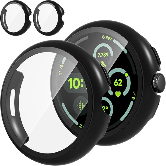 Diruite 2-Packs Screen Protector for Google Pixel Watch 3 45mm Tempered Glass Case All Around Hard PC Protective,Black&Black