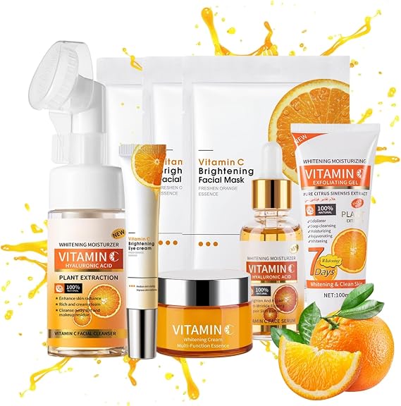 8pcs Vitamin C Skin Care Set - Vitamin C Serum for Face - Brightening Skin Care Sets & Kits with Cleanser, Face Mask, Serum, Eye Cream & Exfoliating Gel - Antioxidant & Rejuvenating