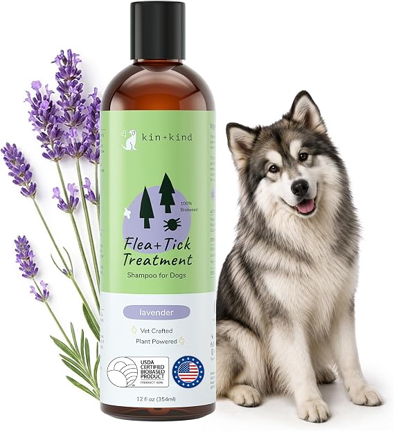kin+kind Flea and Tick Treatment Shampoo for Dogs, Natural Lavender + Peppermint, Vet-Formulated, for Sensitive Skin, Made in USA, 12 fl oz