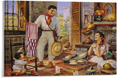 Mexican Culture Art Poster in The Kitchen of The Happy Family Mexican Vintage Oil Painting Home Wall Canvas Painting Posters And Prints Wall Art Pictures for Living Room Bedroom Decor 16x24inch40x60