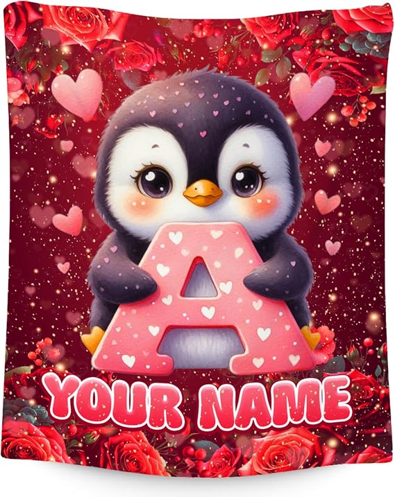 Gifts for Her Pesonalized Valentines Day Penguin Blanket for Girlfriend, I Love You Throw for Women Wife Custom Anniversary Romantic Gifts with Name