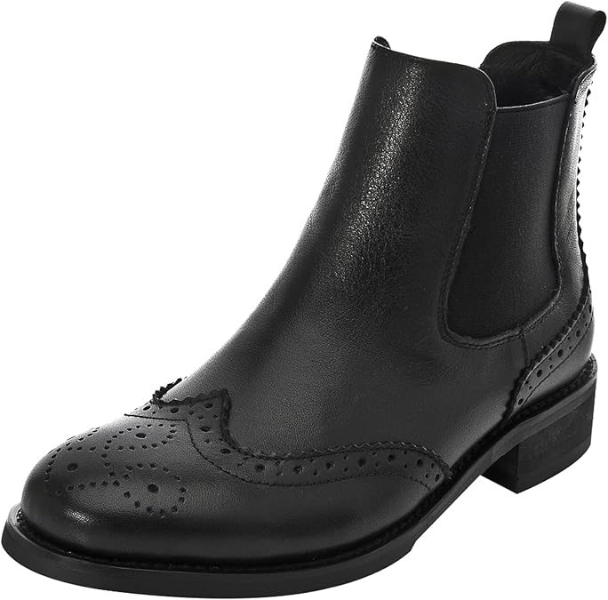 rismart Women's Brogue Wingtip Ankle High Slip on Comfort Genuine Leather Chelsea Boots