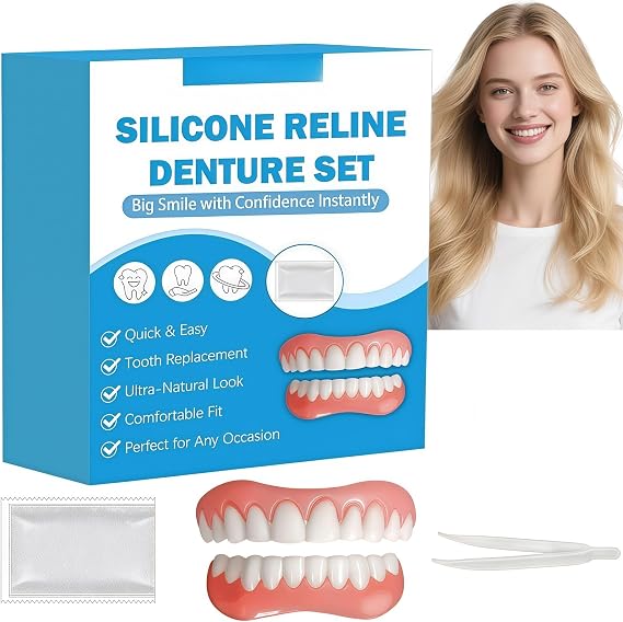 Silicone Dentures Full Mouth,Soft False Teeth Set,Comfortable Dentures for Women and Men,Temporary Silicone Reline Denture Set,for No Teeth,Lightweight Materials,Easy to Apply,Long-Lasting Hold