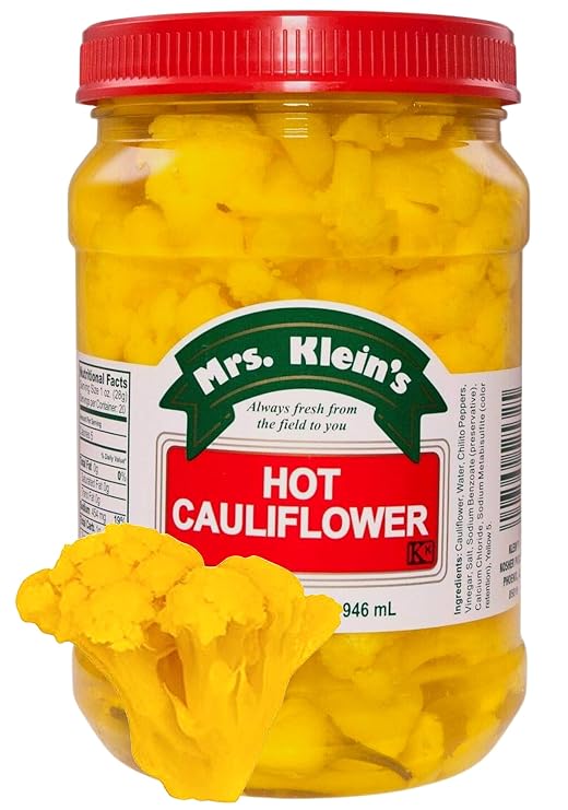 Mrs Kleins Cauliflower Bites | Hot & Spicy cauliflower florets | Unique salad toppings | Low Carb Snack | Vegan snack | Kosher, Keto Friendly & Gluten Free | Spicy Pickled Vegetables Made with Natural Ingredients | Made in the USA