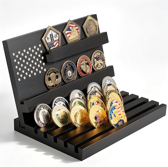 Challenge Coin Display, Black Military Coin Holder Tabletop Case | Small Slotted Stand Hold 40 Multi Coins 2+6 Racks Solid Wood Gift for Navy Army Police Veterans Collection Desktop Decorative
