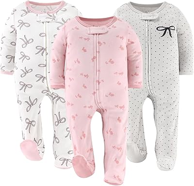 The Peanutshell Baby Sleepers for Girls Set of 3 - Soft Cotton Footed Pajamas for Newborns & Infants - Pink Balletcore