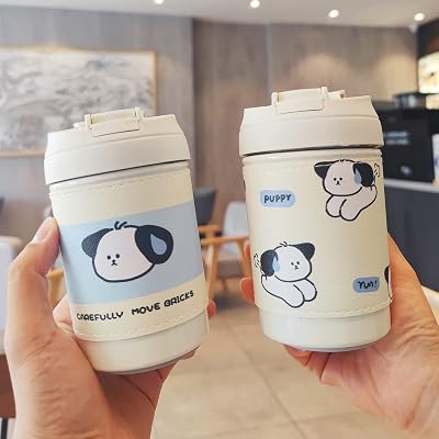 Kawaii Travel Coffee Mug with Lid and Straw 12oz Cute Puppy Protective Cover Travel Coffee Mug Stainless Steel Insulated Tumbler Water Bottle for Women Teen Girls School Sports Leakproof Move Bricks