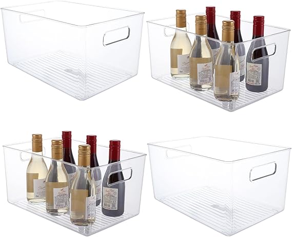 4 Pack Fridge Storage Organisers, 29x20x15.5cm Plastic Storage Box, Food Storage Basket, Clear Plastic Storage Bins for kitchen Cupboard Bathroom Freezer Cabinet Pantry