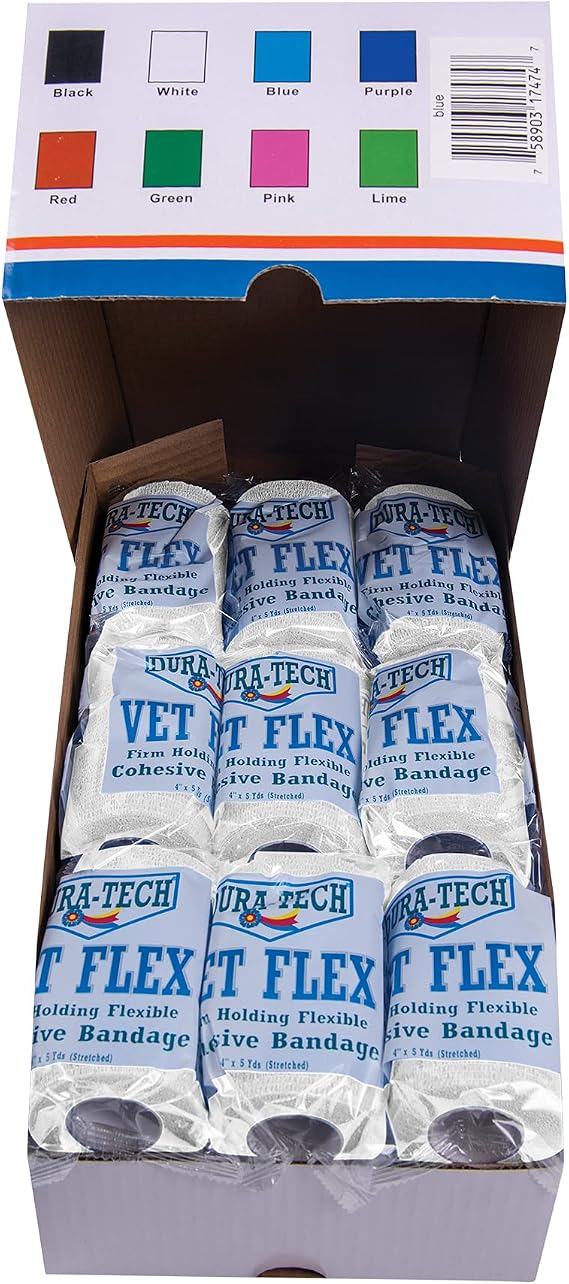 Dura-Tech Vet Flex White Bandage First Aid Wrap | for Horses, Dogs and Others | Self-Adhesive Cohesive Tape | 4 Wide and 5 Yards of Length | Package of 18 Rolls