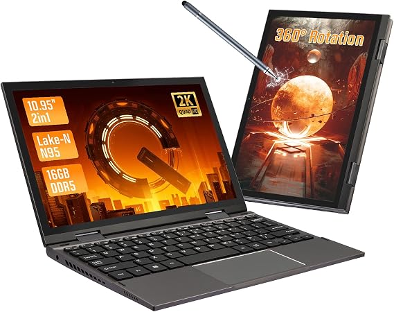 Mini Laptop 11 Inch, 2-in-1 Touchscreen, Celeron N95 up to 3.4GHz, 16GB DDR5 RAM, 20001200 Display, Dual Type-C, Backlit Keyboard, Lightweight Ultrabook for Students (Gray, 512G SSD)