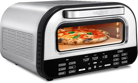 Gourmia Electric Indoor Pizza Oven Countertop Air Fryer Toaster Oven Combo with 6 Pizza Presets, 7 Cooking Functions, Air Fry, Broil & Bake, Includes Cordierite Pizza Stone, Stainless Steel