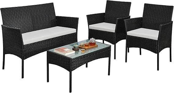 rattanstar Rattan Garden Furniture Sets, Garden Table and Chairs Set 4 | Outdoor Patio Conversation Set with Loveseat, Armchairs, Glass-Top Coffee Table, PE Wicker Sofa Set for Balcony Backyard